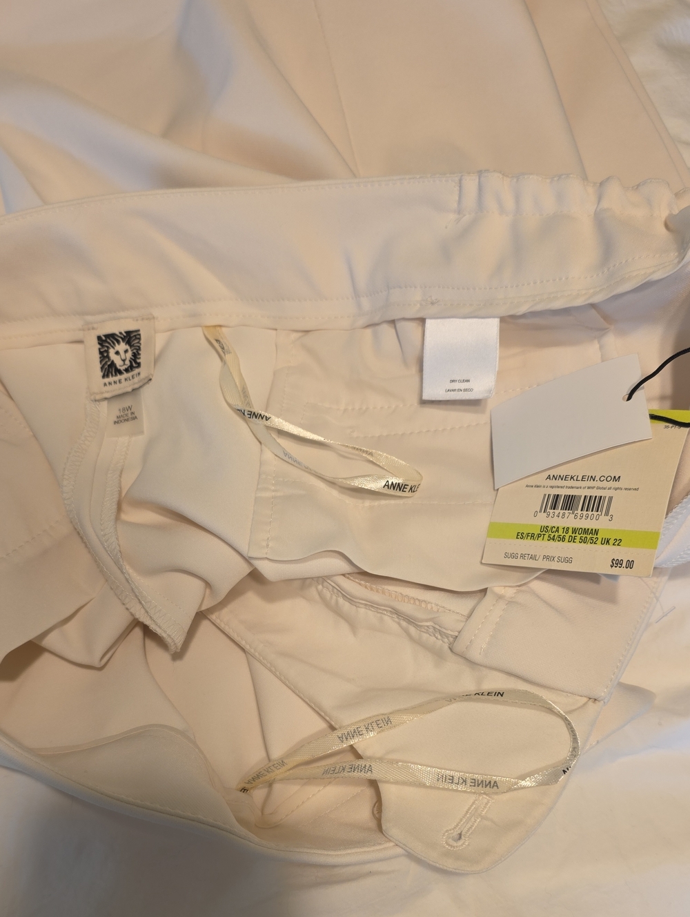NWT Anne Klein Ivory Dress Pants Ivory Sz 18W Flat Front No Side Pockets